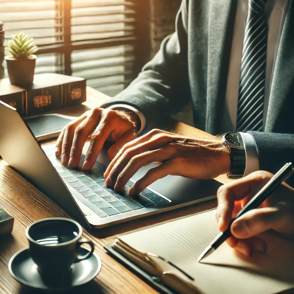 A person typing an email on a laptop in a professional setting, highlighting attention to detail and thoroughness with subeasy subtitle & transcription Platform.