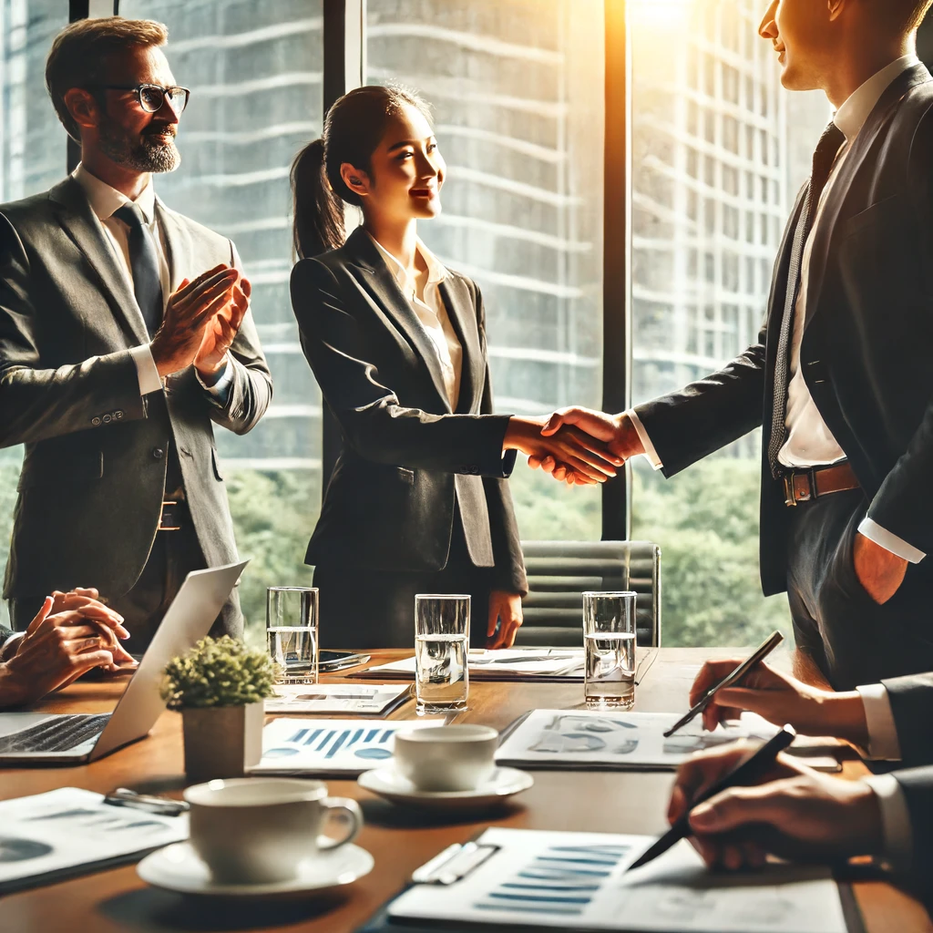 Professionals shaking hands during a business meeting in a modern office, symbolizing relationship building and professionalism by using subeasy subtitle & transcription Platform.