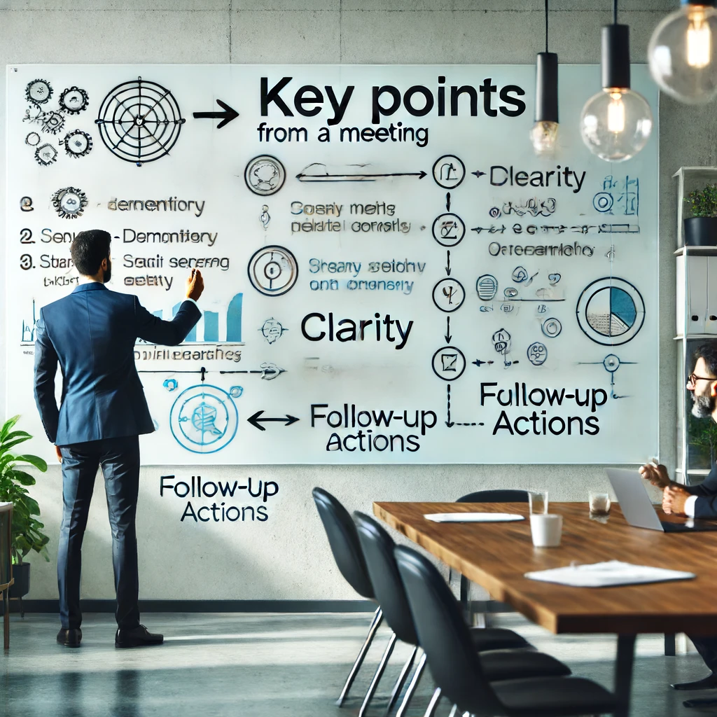 A professional summarizing key points from a meeting on a whiteboard by using subeasy subtitle & transcription Platform., emphasizing clarity and follow-up actions in a modern office setting.ll to action.Tone: Keep it professional but friendly.